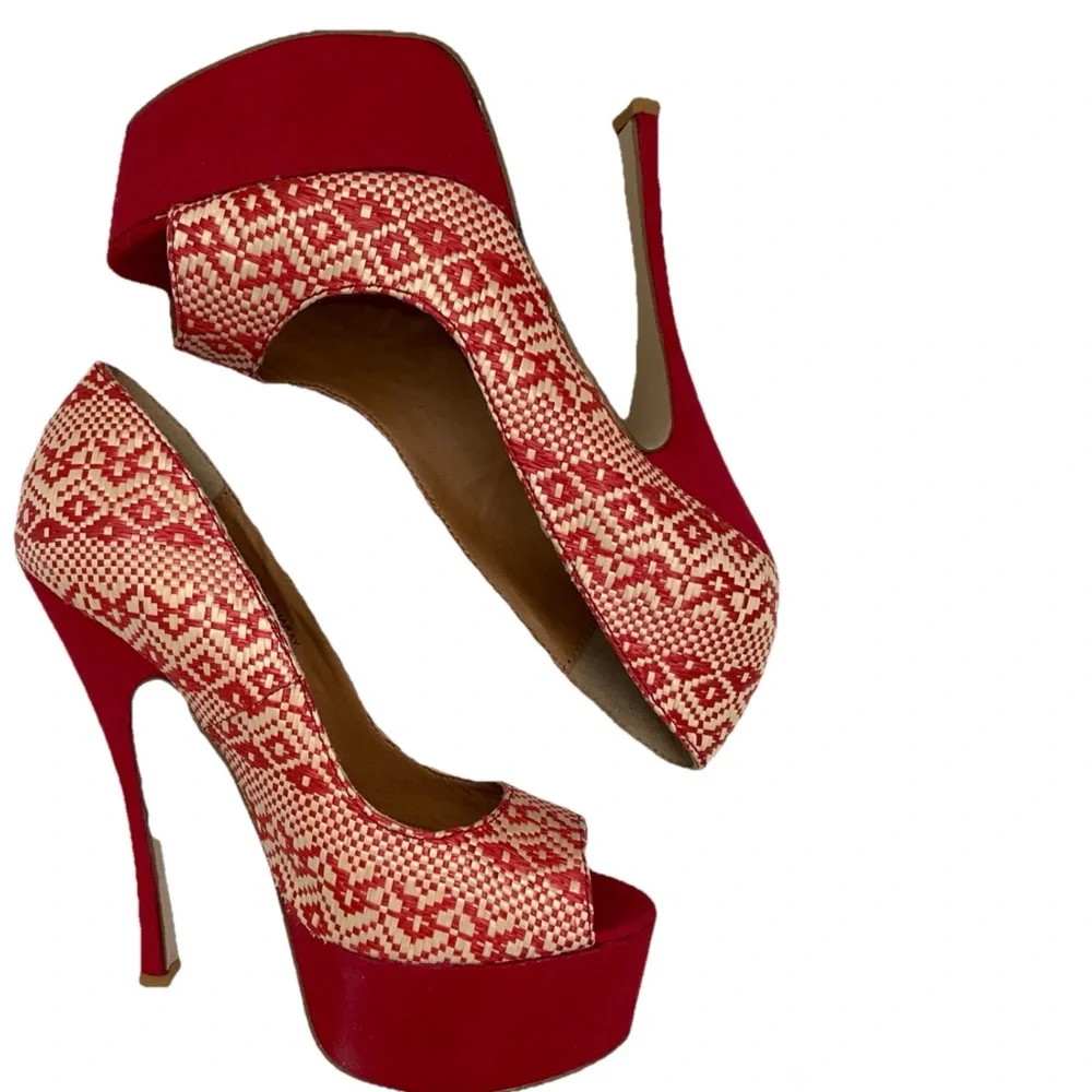 Shoe Dazzle Red and Cream Woven Platform Pumps with High Stiletto
